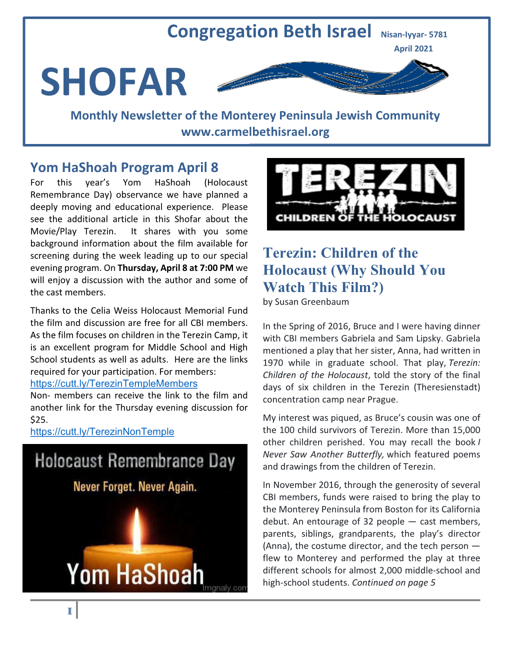 SHOFAR Monthly Newsletter of the Monterey Peninsula Jewish Community