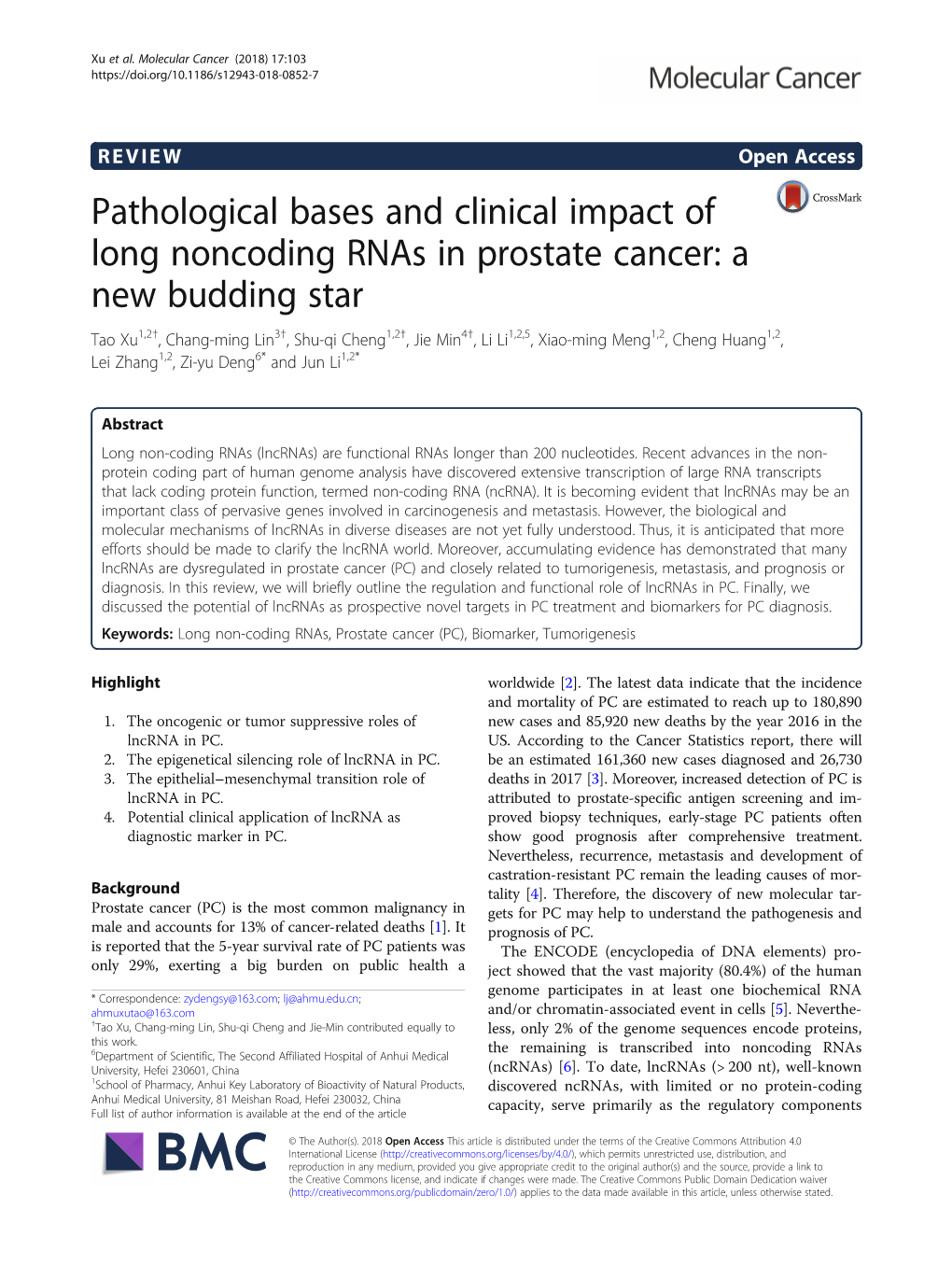 Pathological Bases and Clinical Impact of Long Noncoding Rnas in Prostate Cancer: a New Budding Star