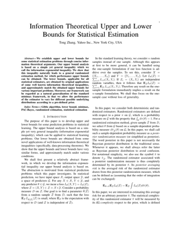 Information Theoretical Upper and Lower Bounds for Statistical Estimation Tong Zhang, Yahoo Inc., New York City, USA
