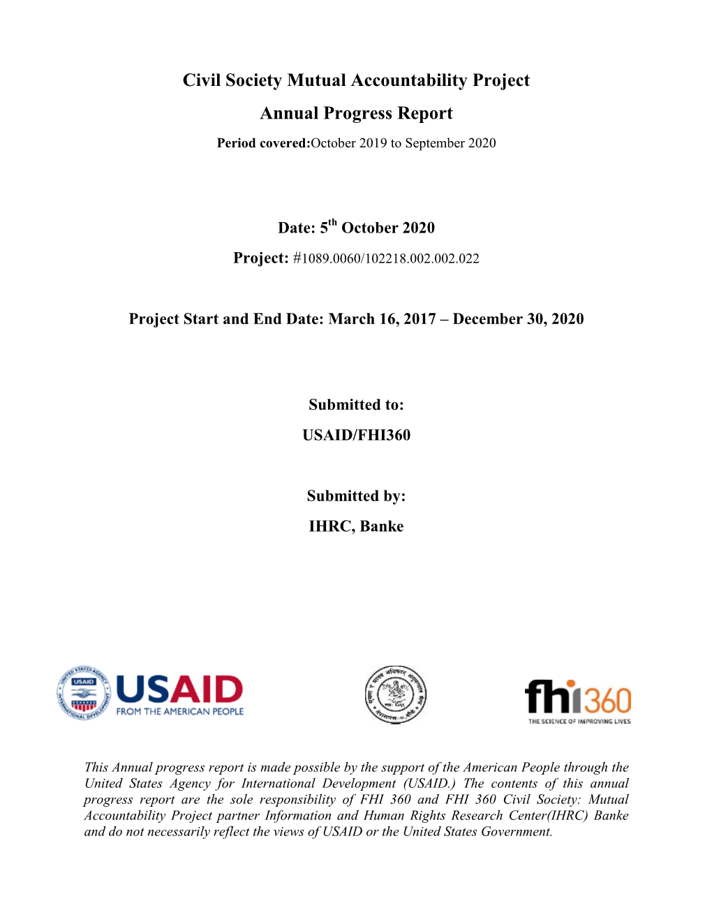 Civil Society Mutual Accountability Project Annual Progress Report Period Covered:October 2019 to September 2020