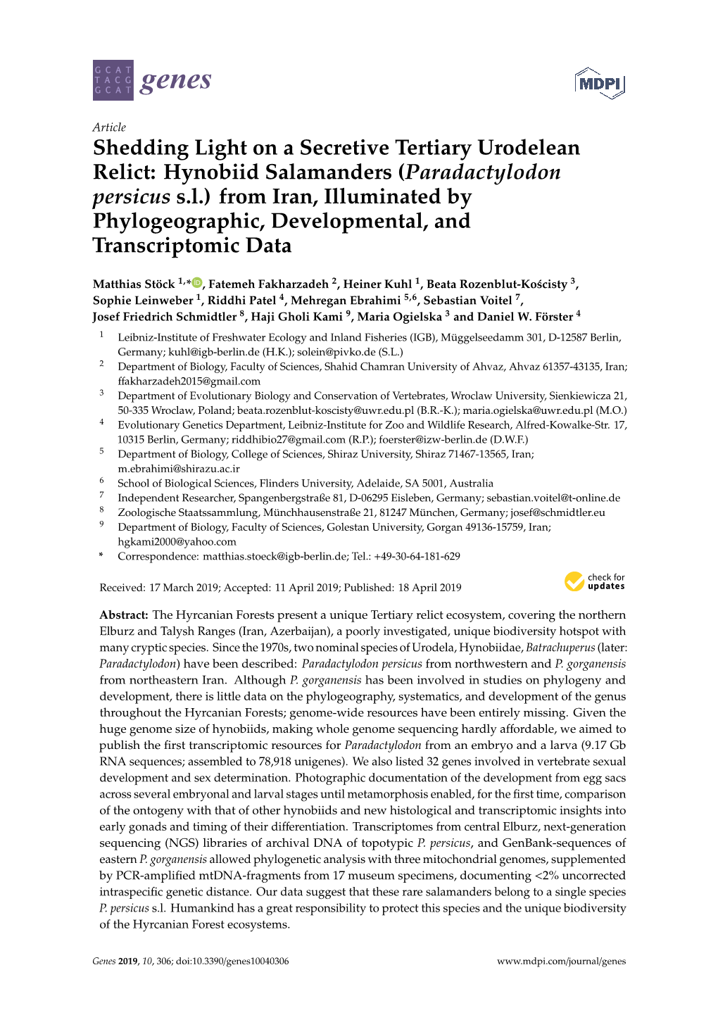 Hynobiid Salamanders (Paradactylodon Persicus S.L.) from Iran, Illuminated by Phylogeographic, Developmental, and Transcriptomic Data