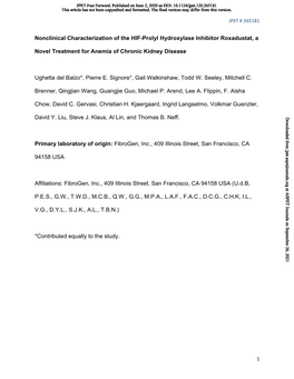 Nonclinical Characterization of the HIF-Prolyl Hydroxylase Inhibitor Roxadustat, a Novel Treatment for Anemia of Chronic Kidney