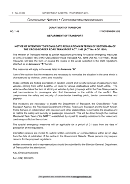 Cross-Border Road Transport Act (4/1998): Notice on Intention to Promulgate Regulations in Terms of Section 46A 39420 DEPARTMENT of TRANSPORT