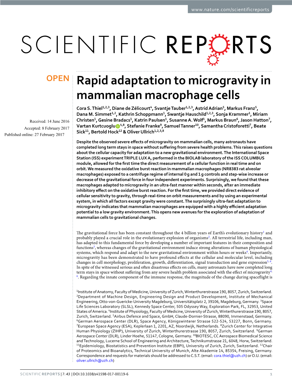 Rapid Adaptation to Microgravity in Mammalian Macrophage Cells Cora S