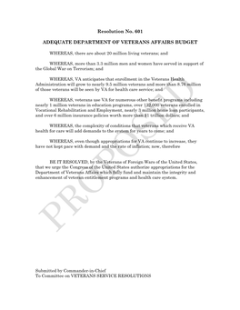 Resolution No. 601 ADEQUATE DEPARTMENT of VETERANS