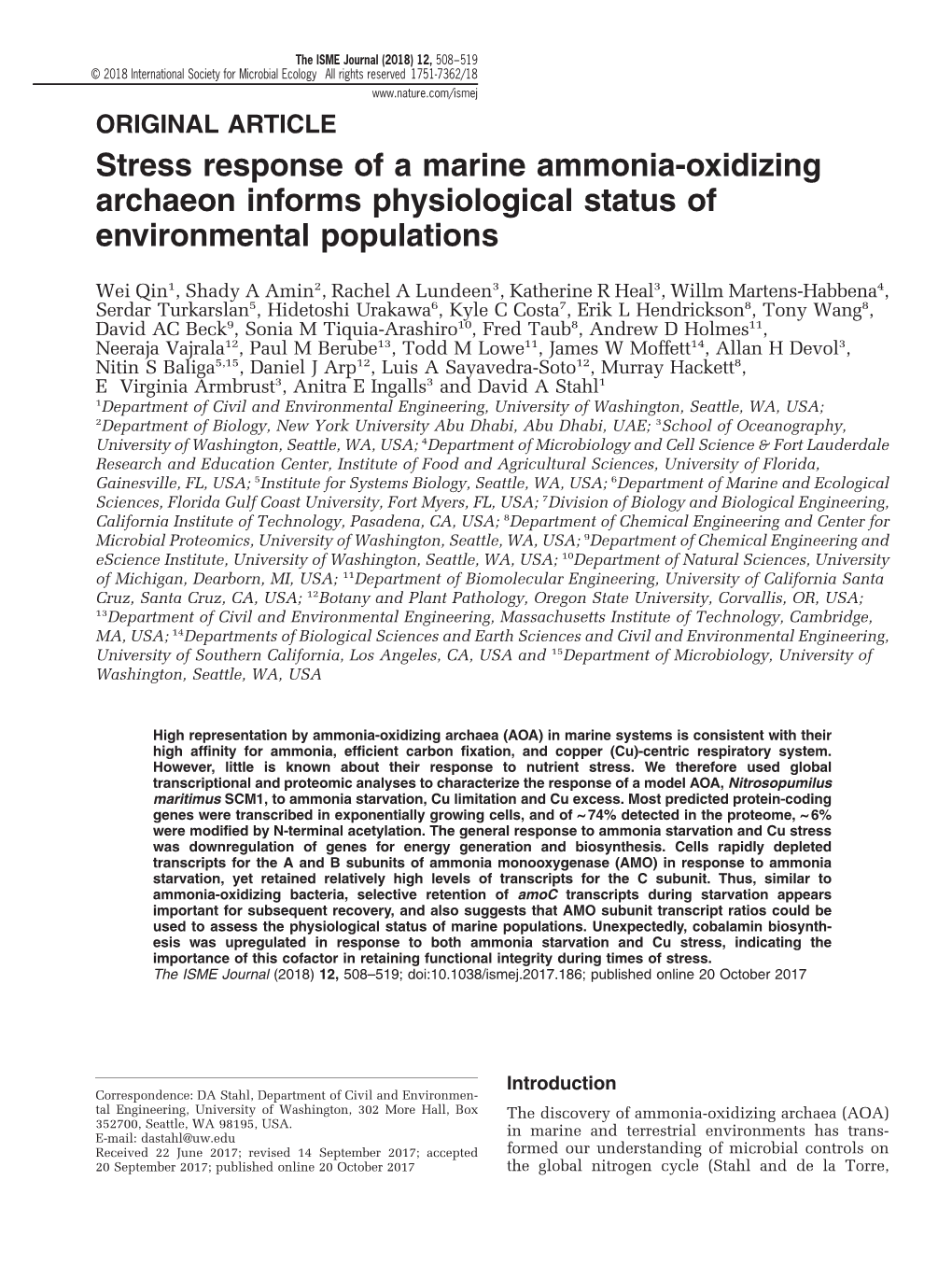 Stress Response of a Marine Ammonia-Oxidizing Archaeon Informs Physiological Status of Environmental Populations