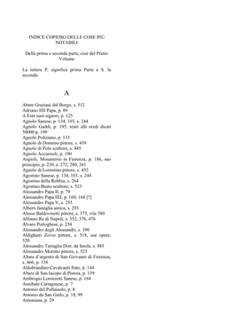 INDICE COPIOSO DELLE COSE PIÙ NOTABILI Della Prima E Seconda Parte, Cioè Del Primo Volume La Lettera P. Significa Prima Parte