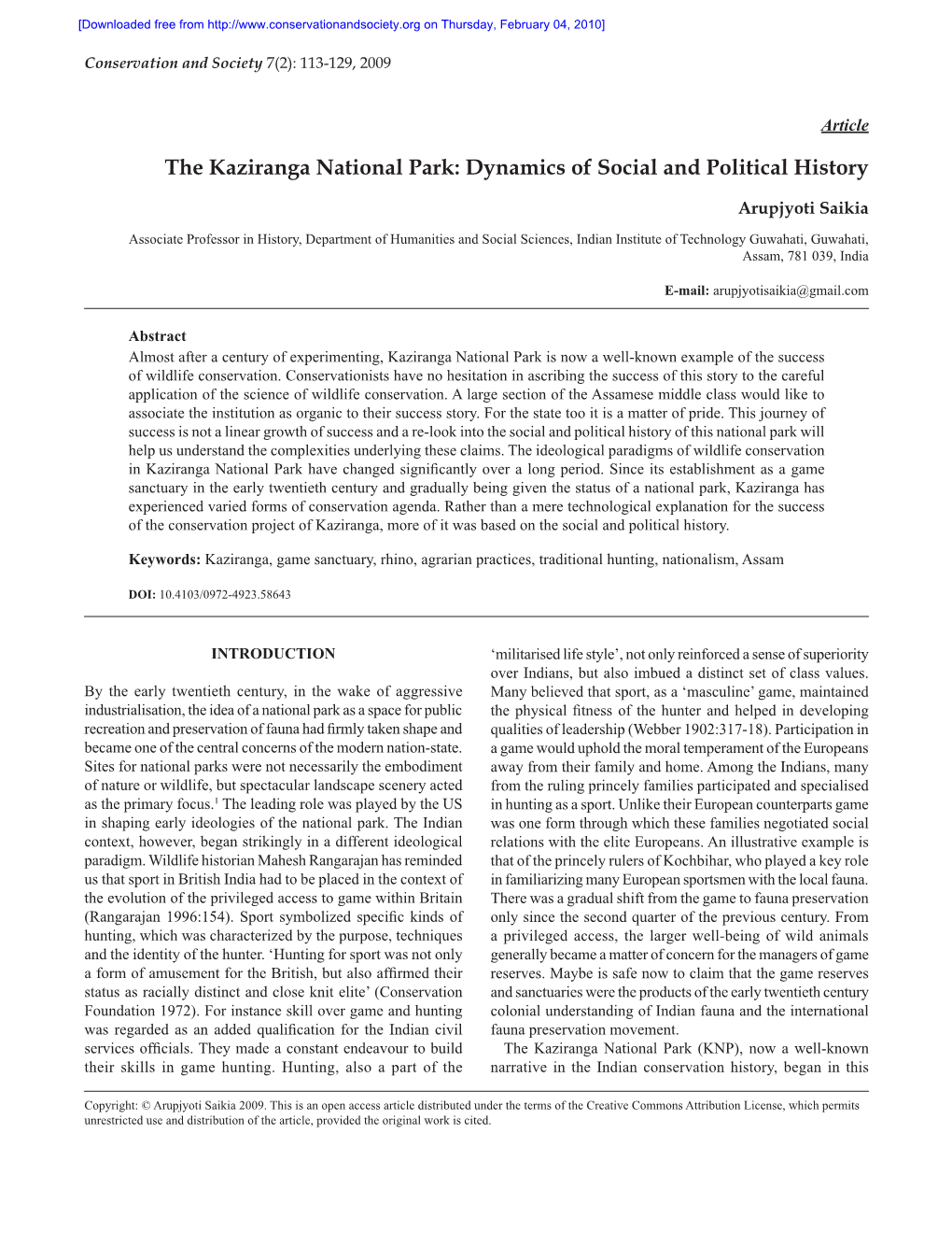 The Kaziranga National Park: Dynamics of Social and Political History