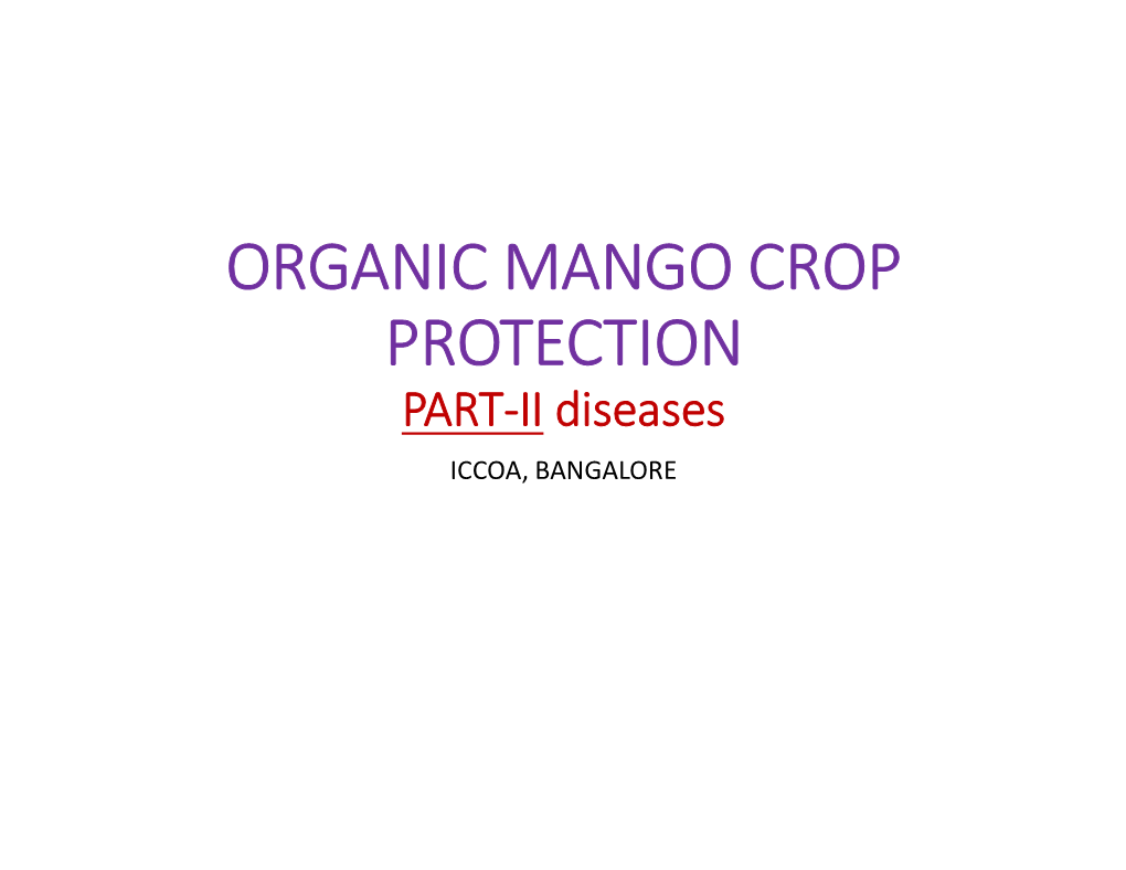 ORGANIC MANGO CROP PROTECTION PART-II Diseases ICCOA, BANGALORE Powdery Mildew Powdery Mildew Control