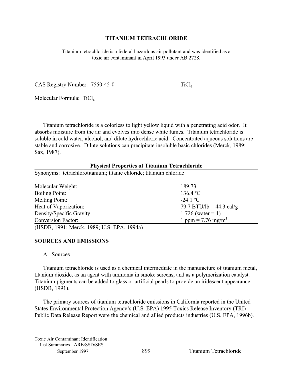 Background Material:1997-11-13 Titanium Tetrachloride As a Federal Hazardous Air Pollutant