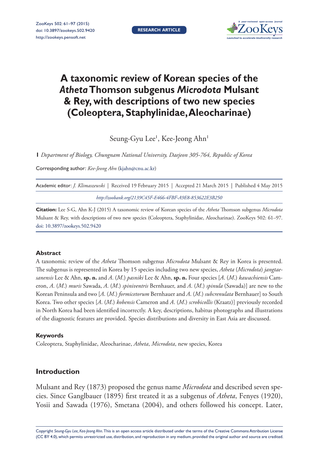 A Taxonomic Review of Korean Species of the Atheta Thomson