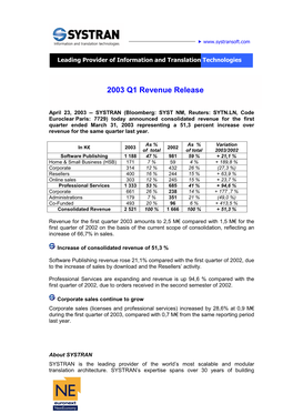 2003 Q1 Revenue Release