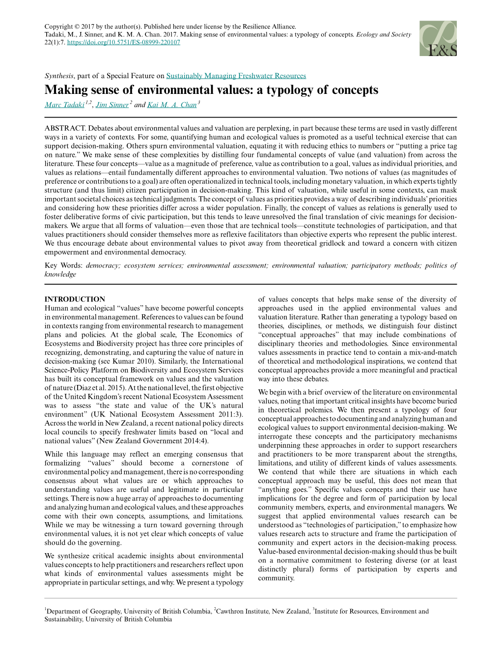 Making Sense of Environmental Values: a Typology of Concepts