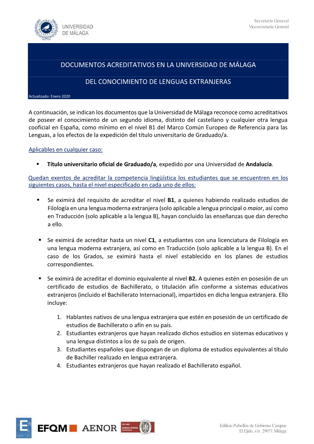 Documentos Acreditativos En La Universidad De Málaga Del Conocimiento De Lenguas Extranjeras