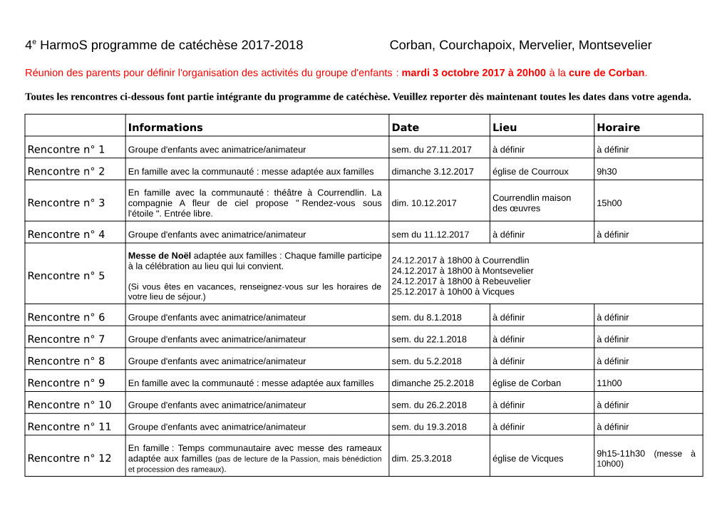 4E Harmos Programme De Catéchèse 2017-2018 Corban, Courchapoix, Mervelier, Montsevelier