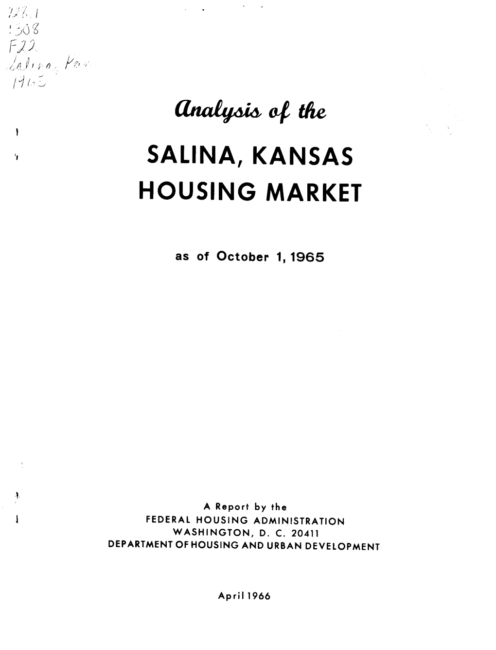 Analysis of the Salina Kansas Housing October 1 1965