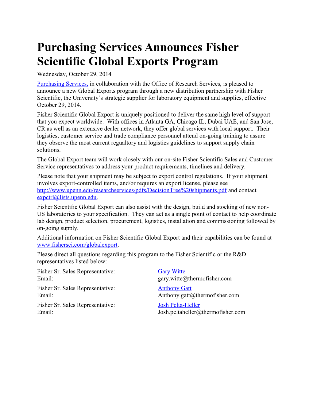 Purchasing Services Announces Fisher Scientific Global Exports Program