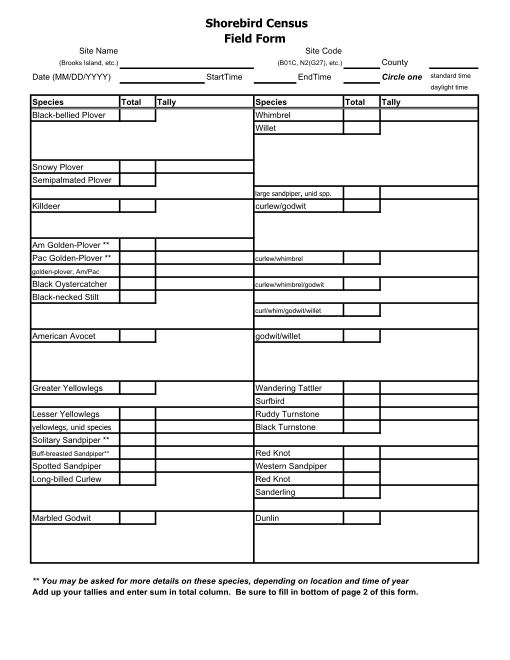 Shorebird Census Field Form