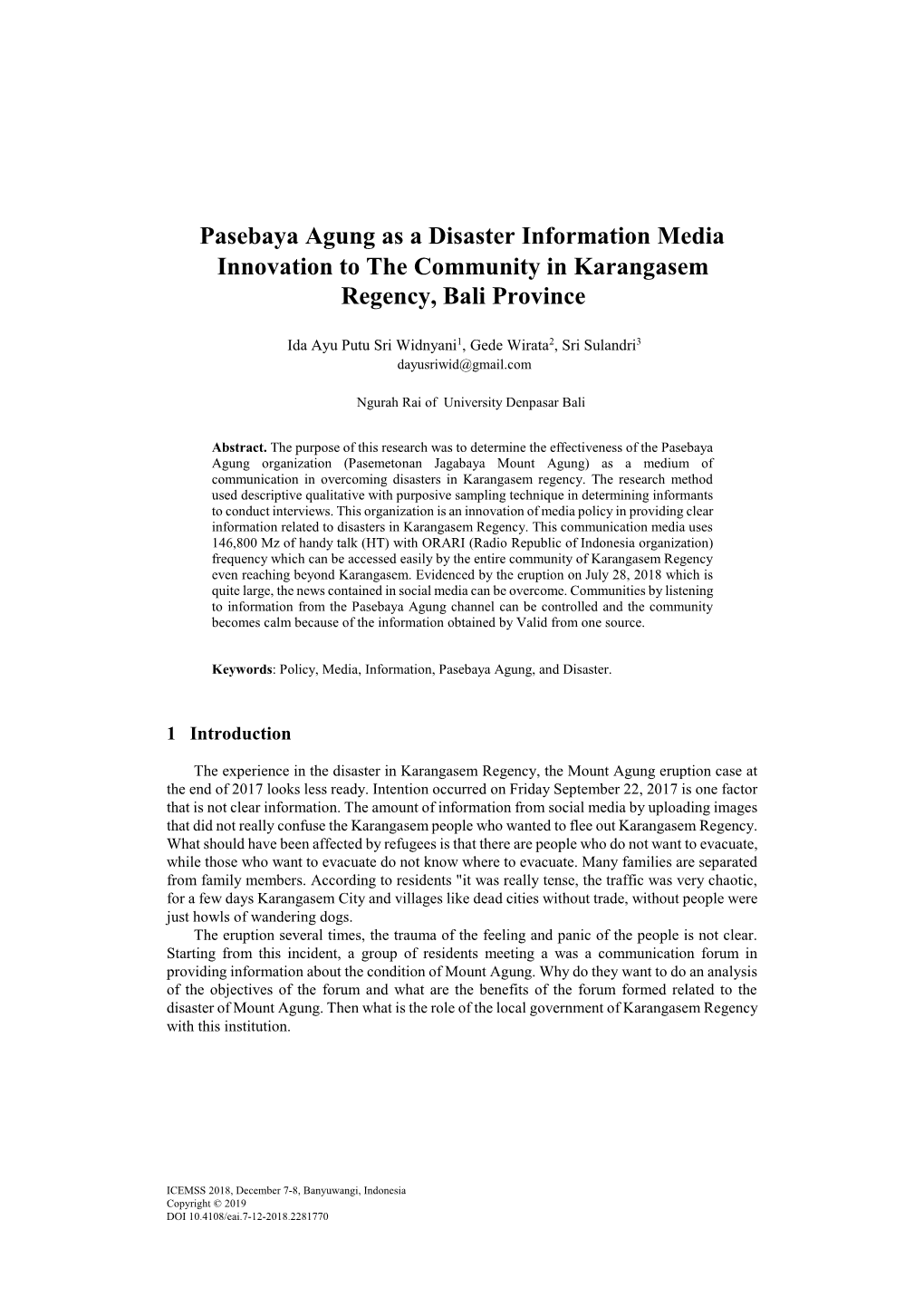 Pasebaya Agung As a Disaster Information Media Innovation to the Community in Karangasem Regency, Bali Province