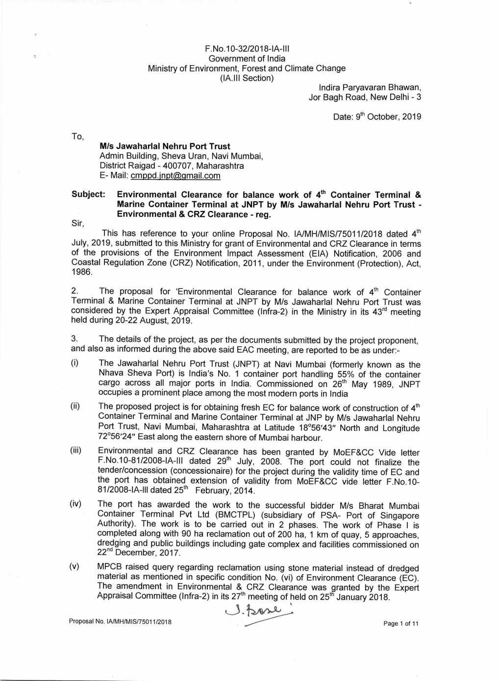F.No.10-32/2018-IA-Ill Government of India Ministry of Environment, Forest and Climate Change (IA.III Section) Indira Paryavaran Bhawan, Jor Bagh Road, New Delhi - 3