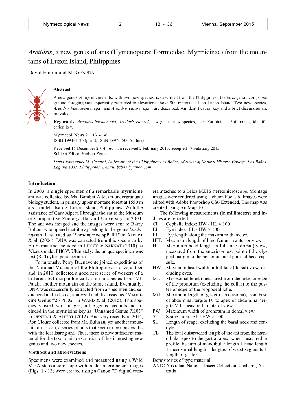 Aretidris, a New Genus of Ants (Hymenoptera: Formicidae