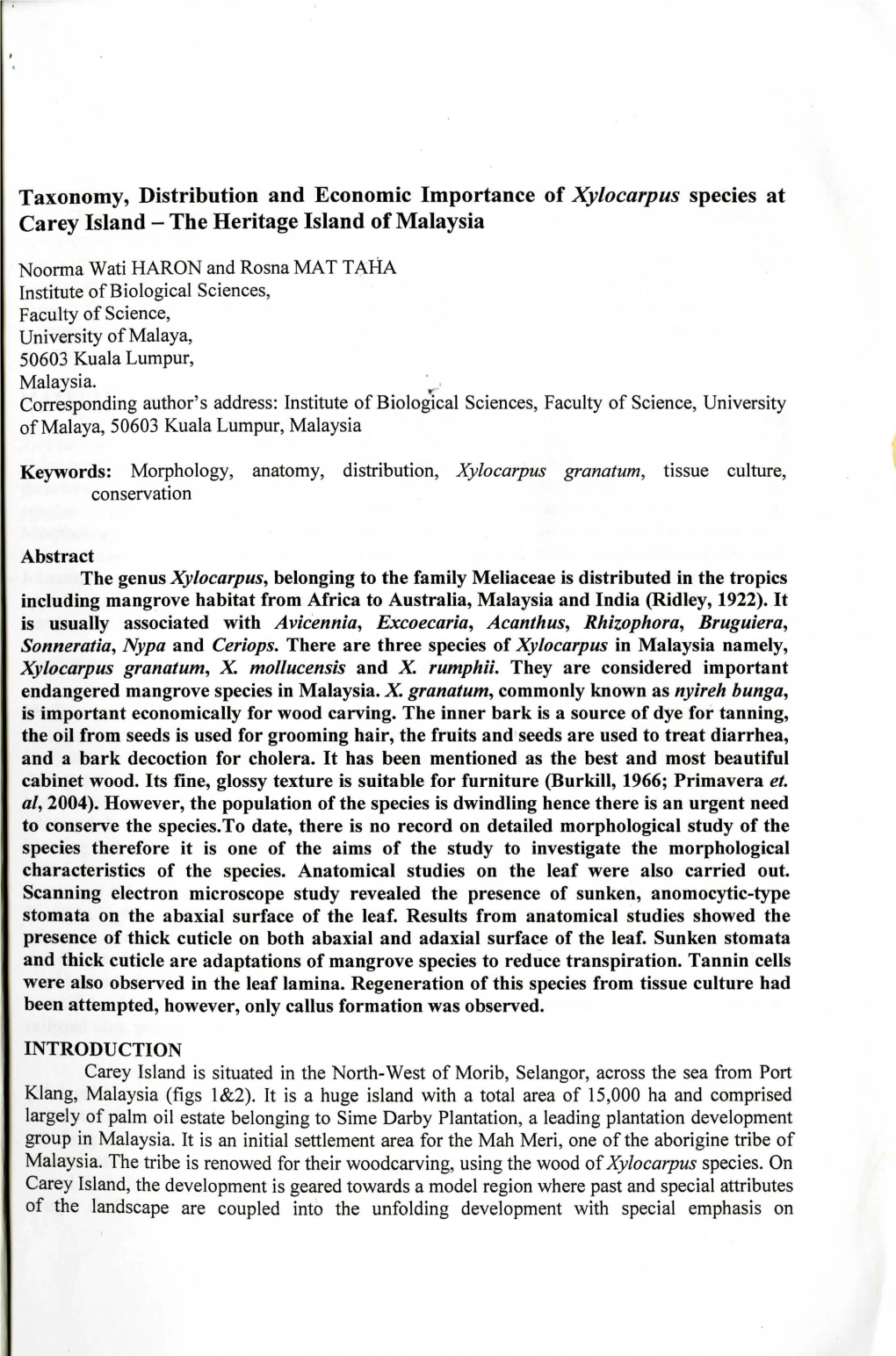 Taxonomy, Distribution and Economic Importance of Xylocarpus Species at Carey Island - the Heritage Island of Malaysia