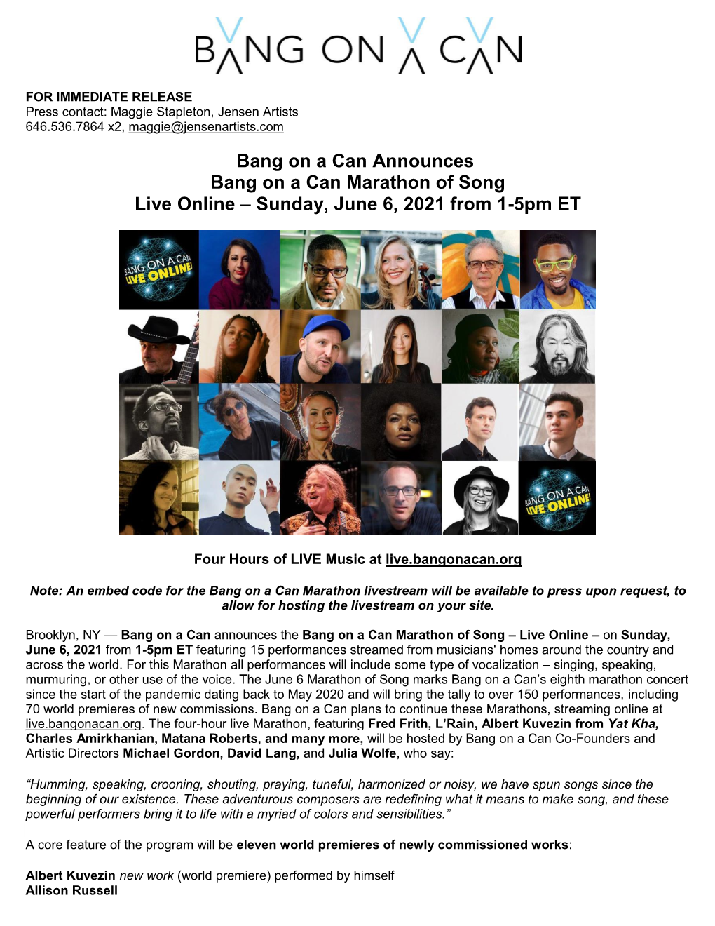 Bang on a Can Marathon Live Online – June 6, 2021