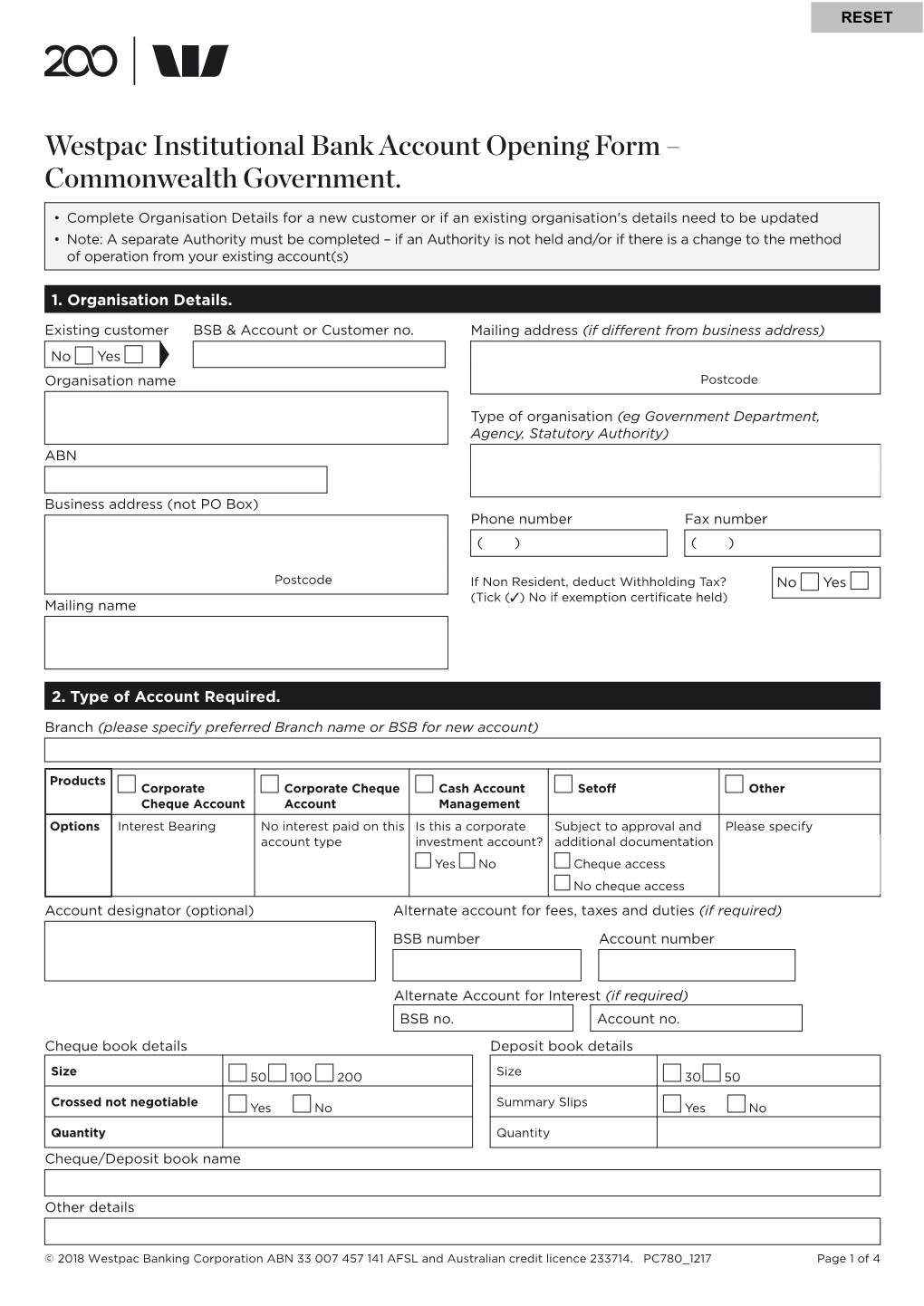 Westpac Institutional Bank Account Opening Form – Commonwealth Government