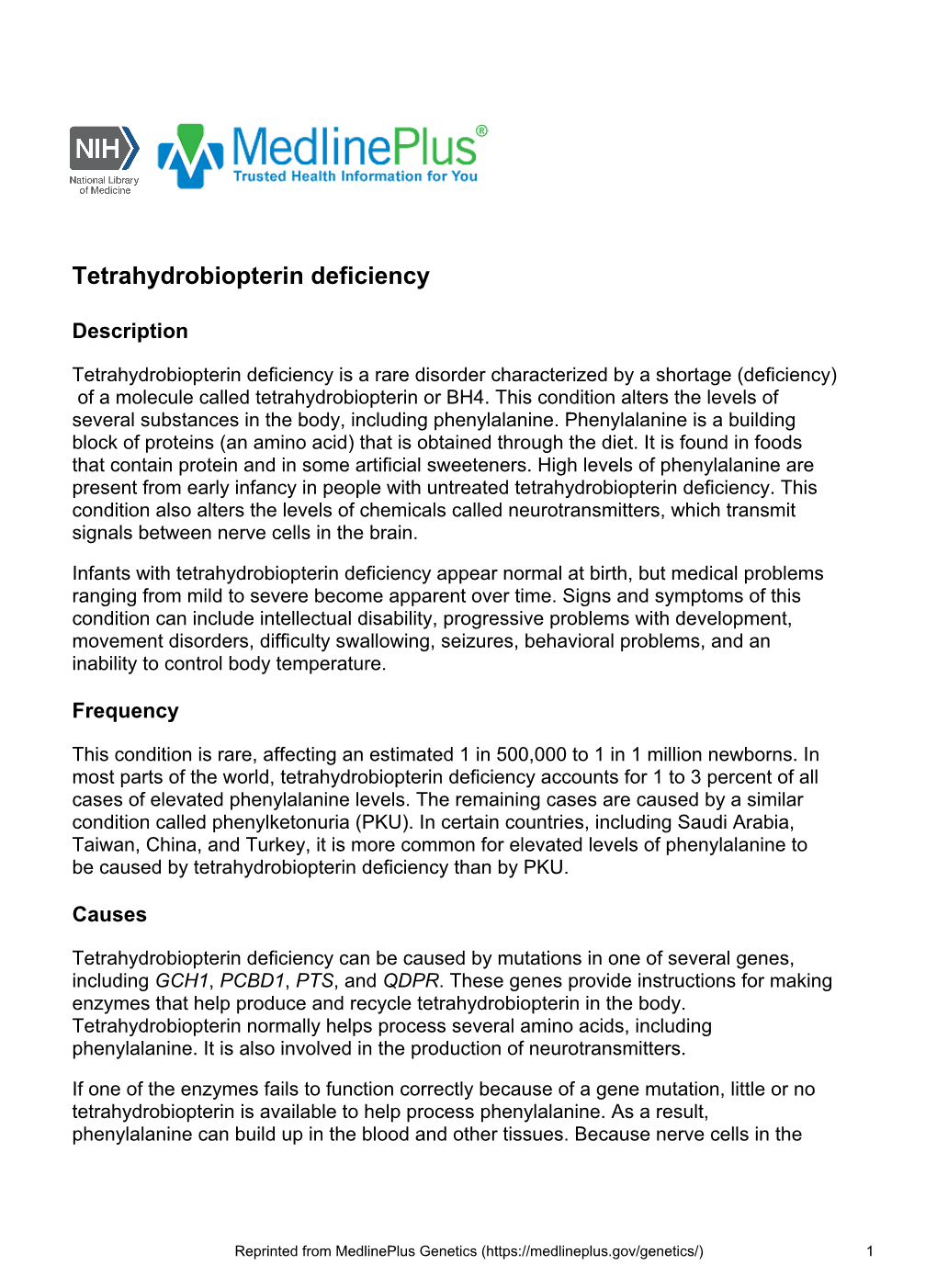 Tetrahydrobiopterin Deficiency