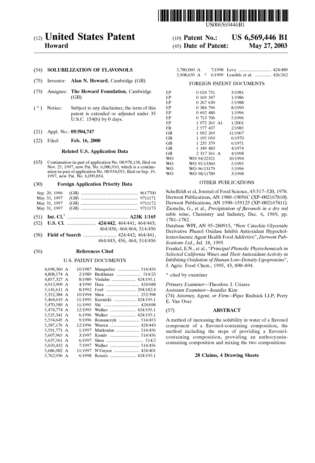(12) United States Patent (10) Patent No.: US 6,569,446 B1 Howard (45) Date of Patent: May 27, 2003