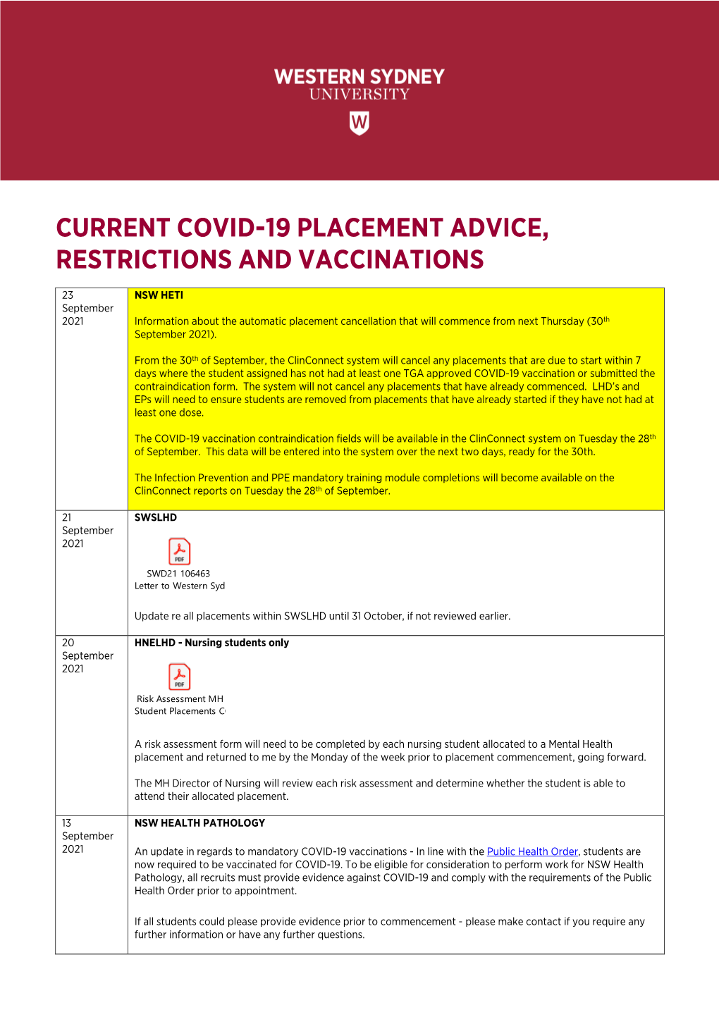 Current Covid-19 Placement Advice, Restrictions and Vaccinations