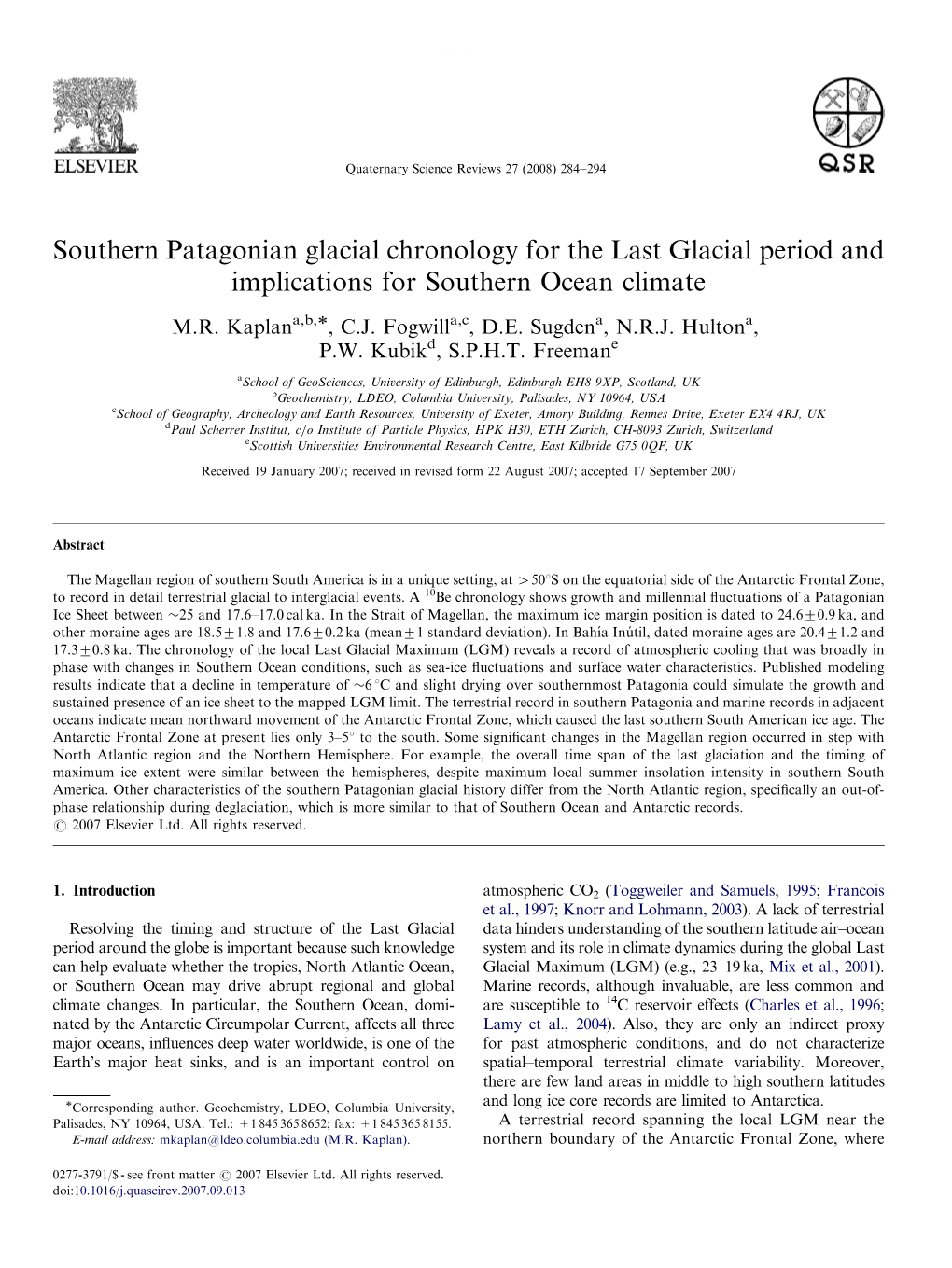 Southern Patagonian Glacial Chronology for the Last Glacial Period and Implications for Southern Ocean Climate