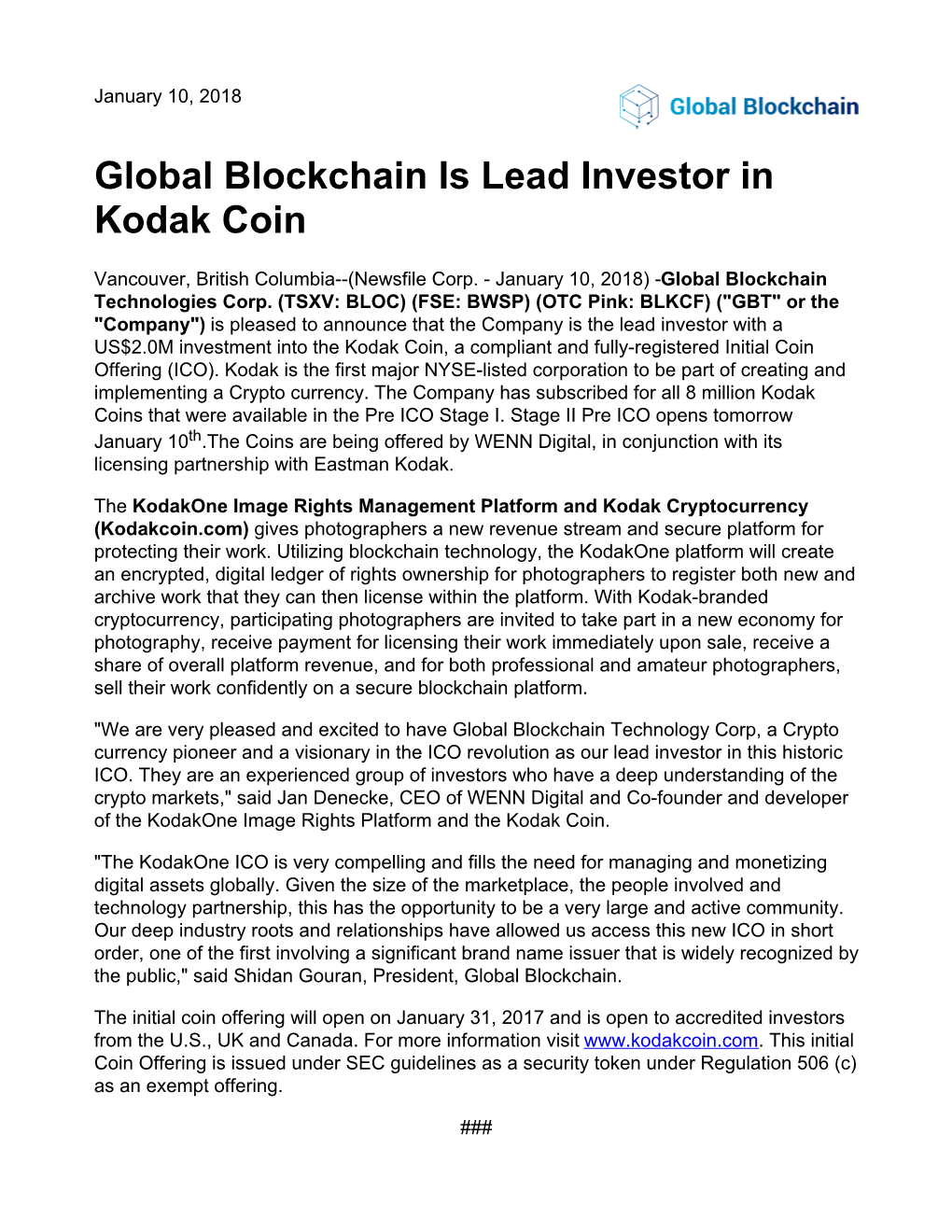 Global Blockchain Is Lead Investor in Kodak Coin