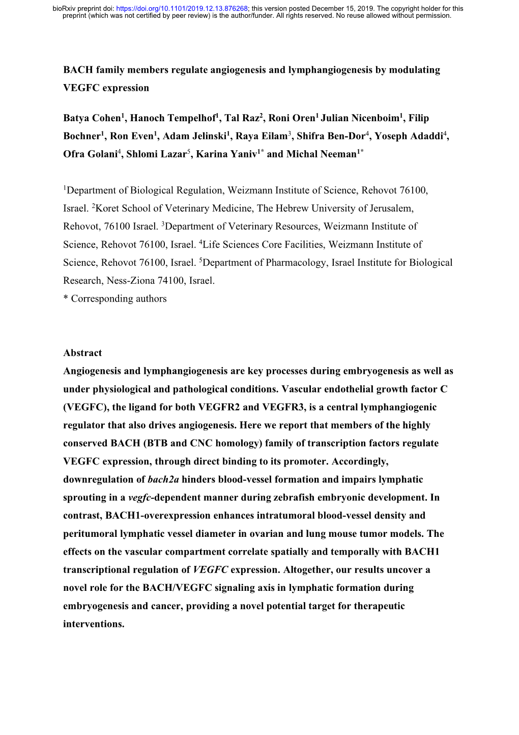 BACH Family Members Regulate Angiogenesis and Lymphangiogenesis by Modulating VEGFC Expression