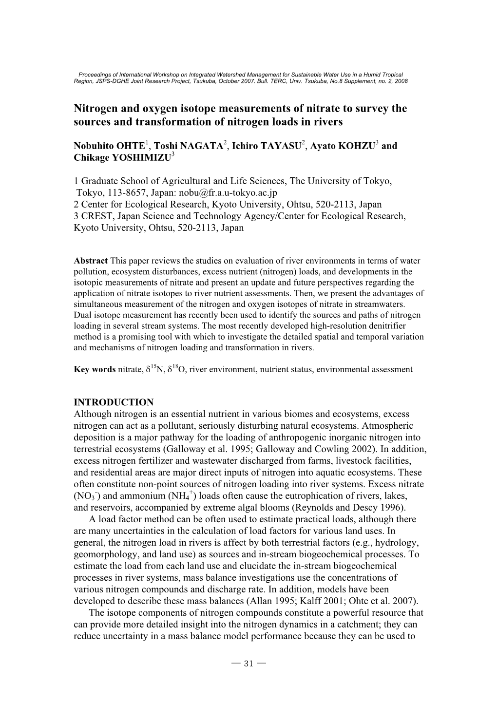 Nitrogen and Oxygen Isotope Measurements of Nitrate to Survey the Sources and Transformation of Nitrogen Loads in Rivers