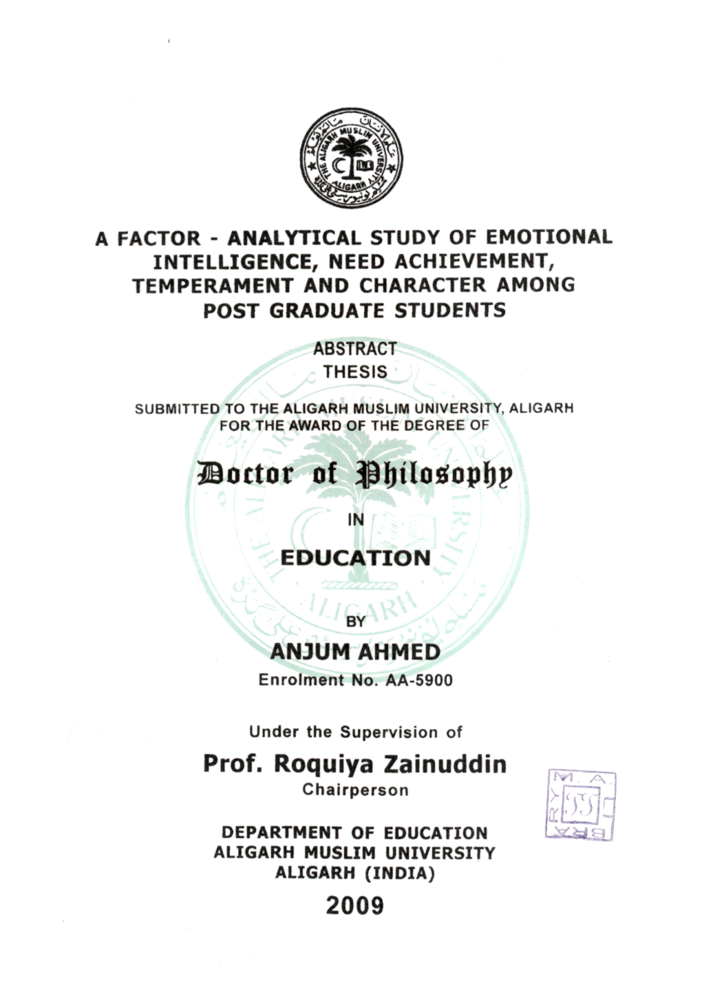 A Factor - Analytical Study of Emotional Intelligence, Need Achievement, Temperament and Character Among Post Graduate Students
