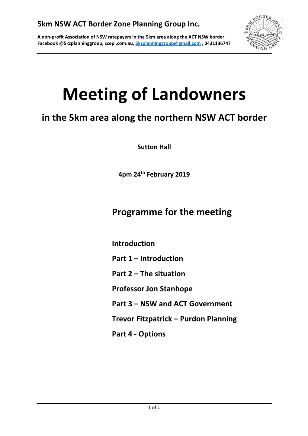 Meeting of Landowners in the 5Km Area Along the Northern NSW ACT Border