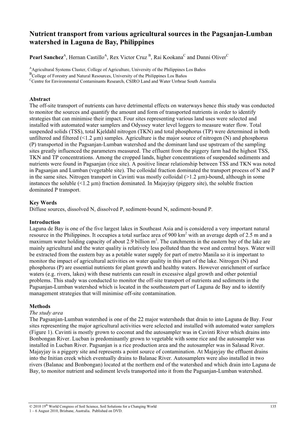 Nutrient Transport from Various Agricultural Sources in the Pagsanjan-Lumban Watershed in Laguna De Bay, Philippines