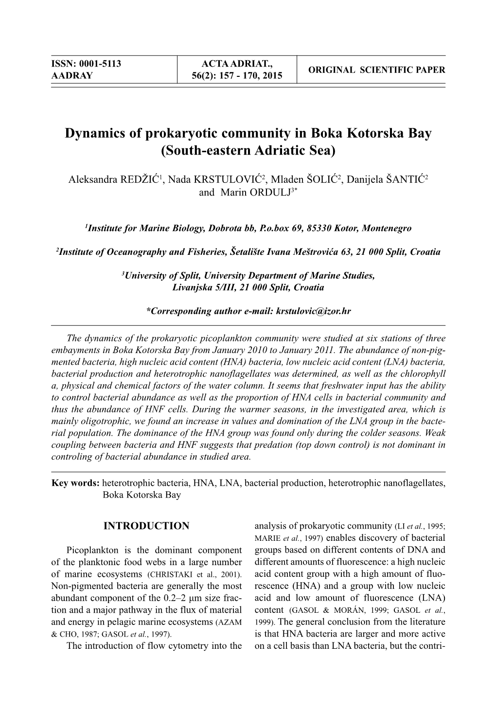 Dynamics of Prokaryotic Community in Boka Kotorska Bay (South-Eastern Adriatic Sea)