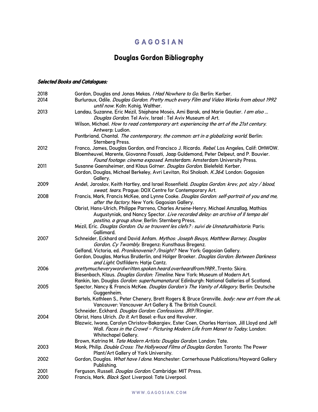 Douglas Gordon Bibliography