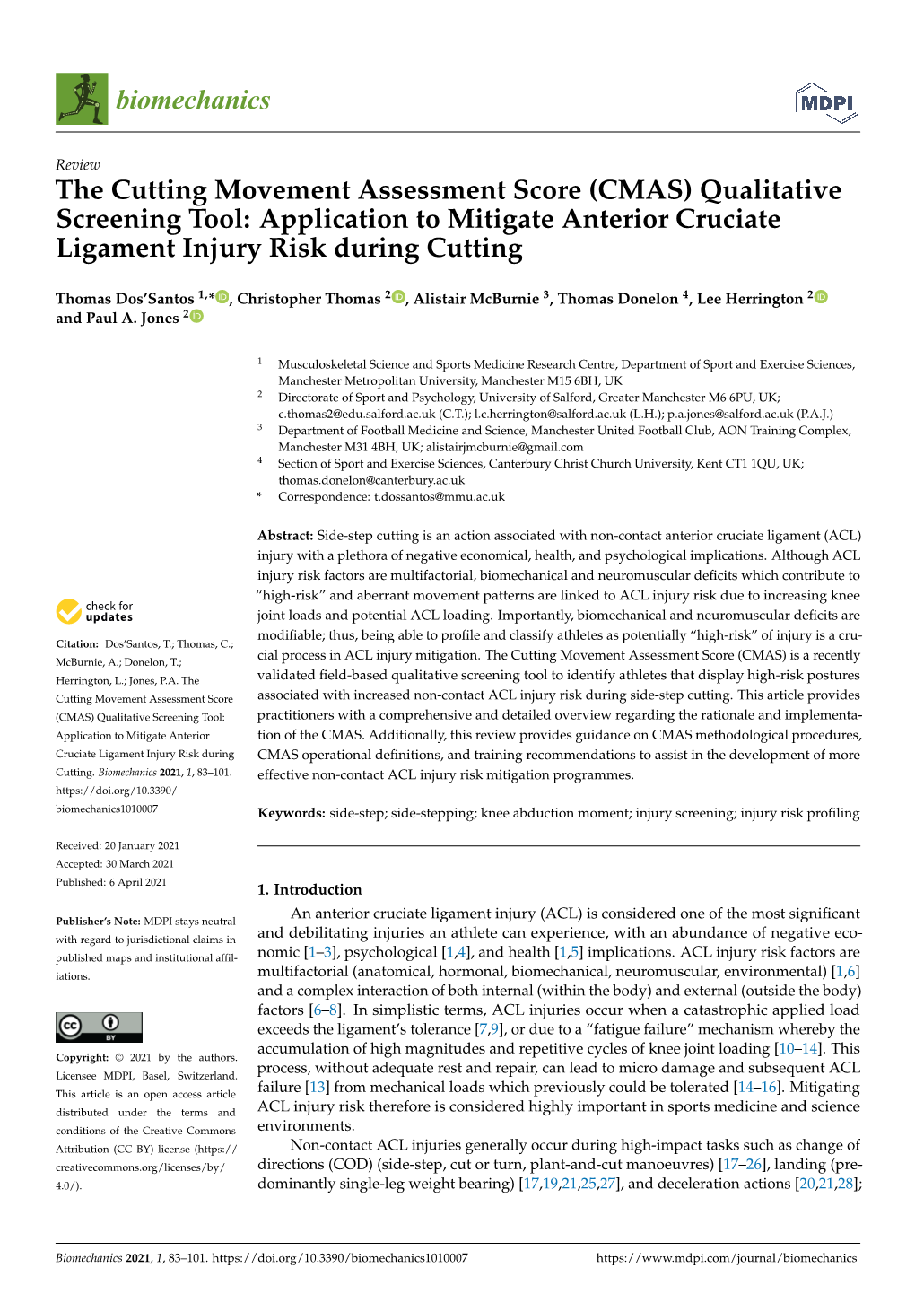 The Cutting Movement Assessment Score (CMAS) Qualitative Screening Tool: Application to Mitigate Anterior Cruciate Ligament Injury Risk During Cutting