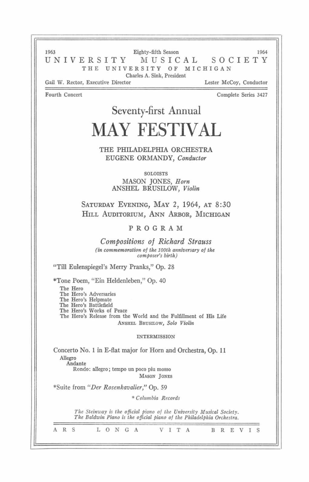 MAY FESTIVAL the PHILADELPHIA ORCHESTRA EUGENE ORMANDY, Conductor