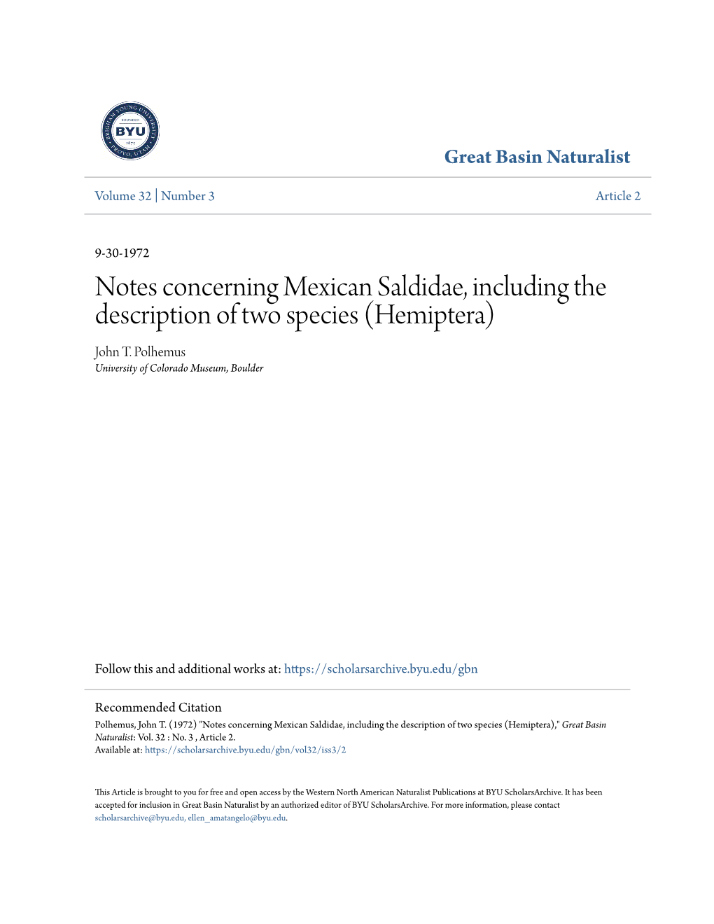 Notes Concerning Mexican Saldidae, Including the Description of Two Species (Hemiptera) John T