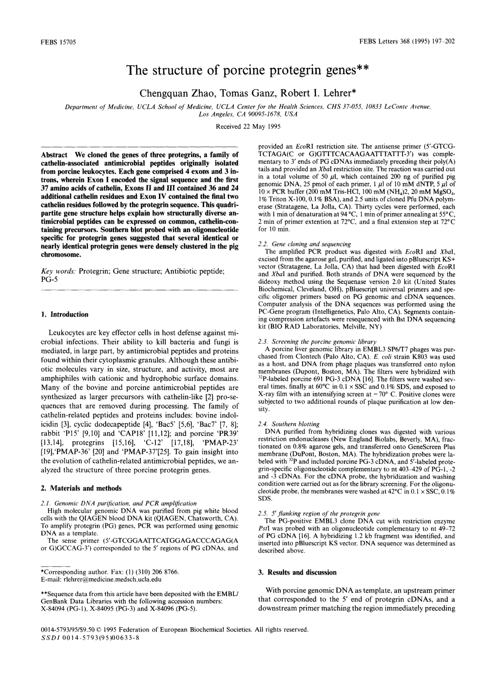 The Structure of Porcine Protegrin Genes**