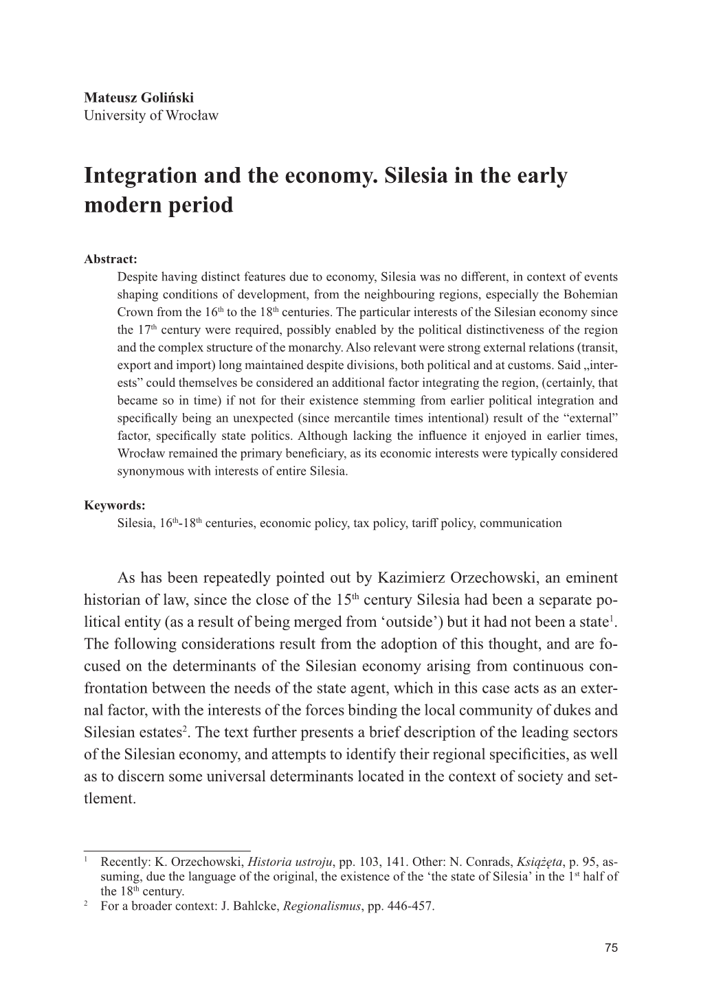 Integration and the Economy. Silesia in the Early Modern Period