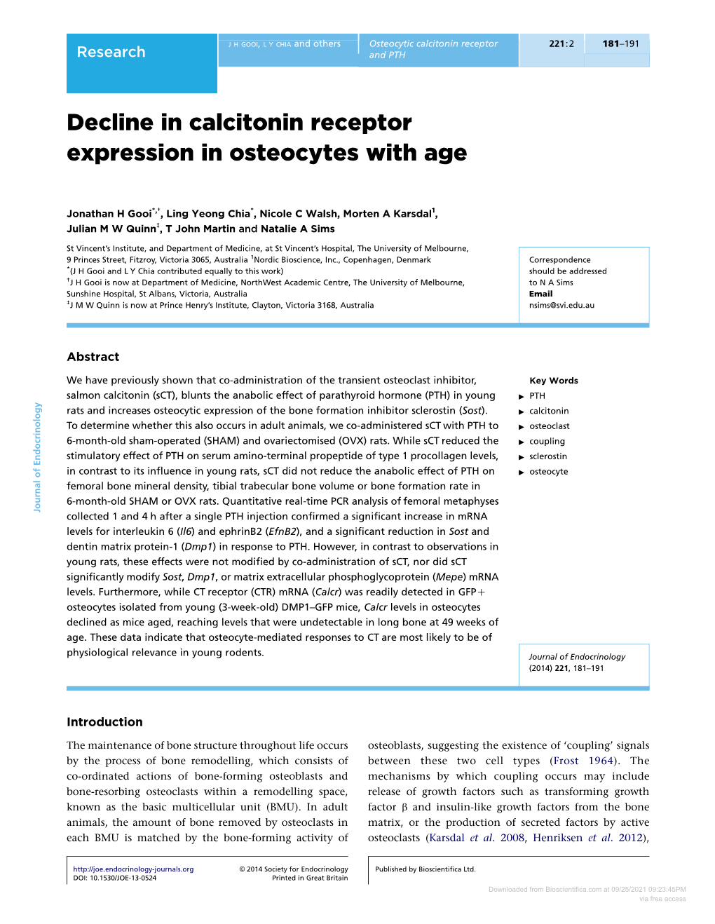Decline in Calcitonin Receptor Expression in Osteocytes with Age