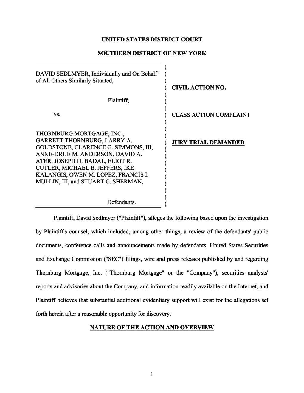 David Sedlmyer, Et Al. V. Thornburg Mortgage, Inc., Et Al. Sedlmyer-Class Action Complaint