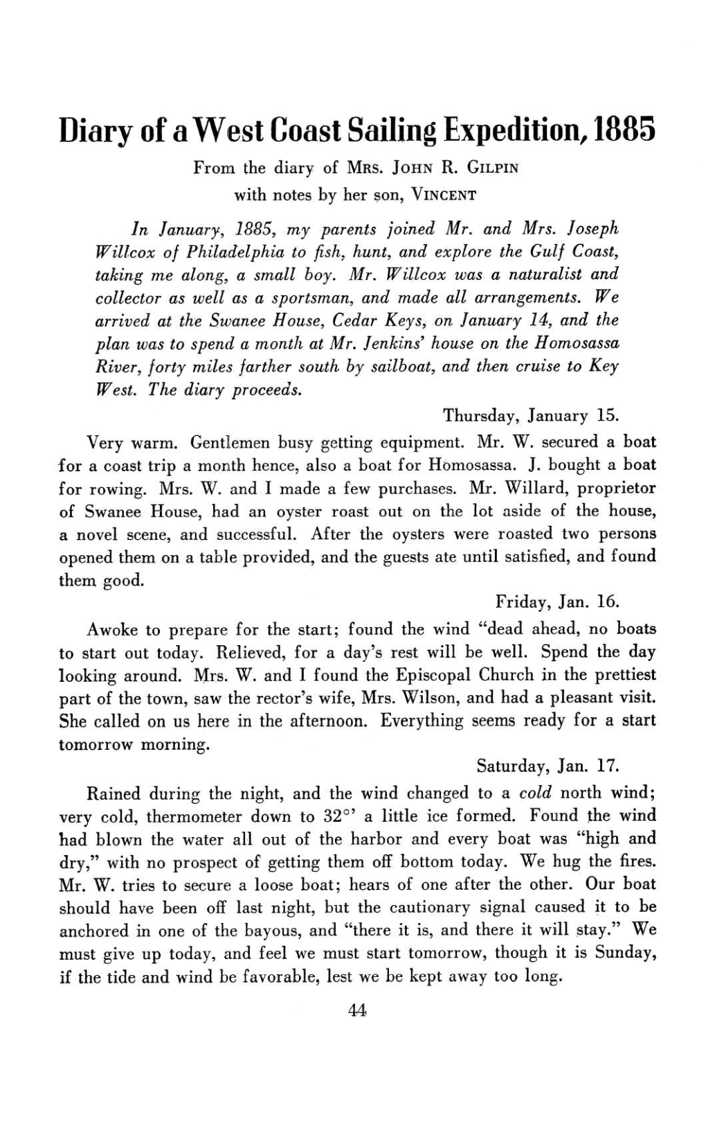 Diary of a West Coast Sailing Expedition, 1885 from the Diary of MRS