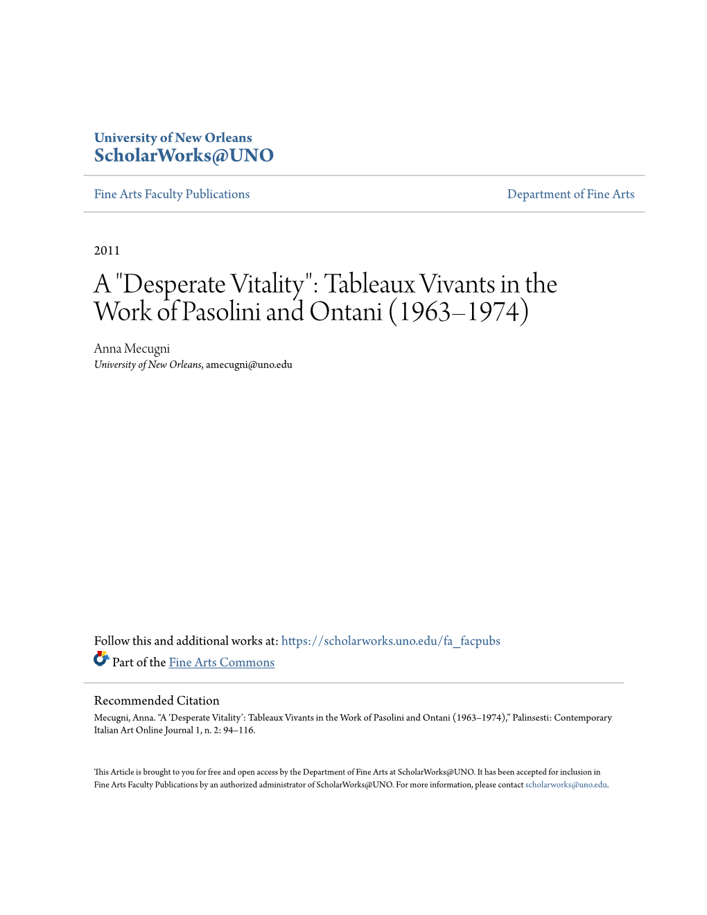 Tableaux Vivants in the Work of Pasolini and Ontani (1963–1974) Anna Mecugni University of New Orleans, Amecugni@Uno.Edu