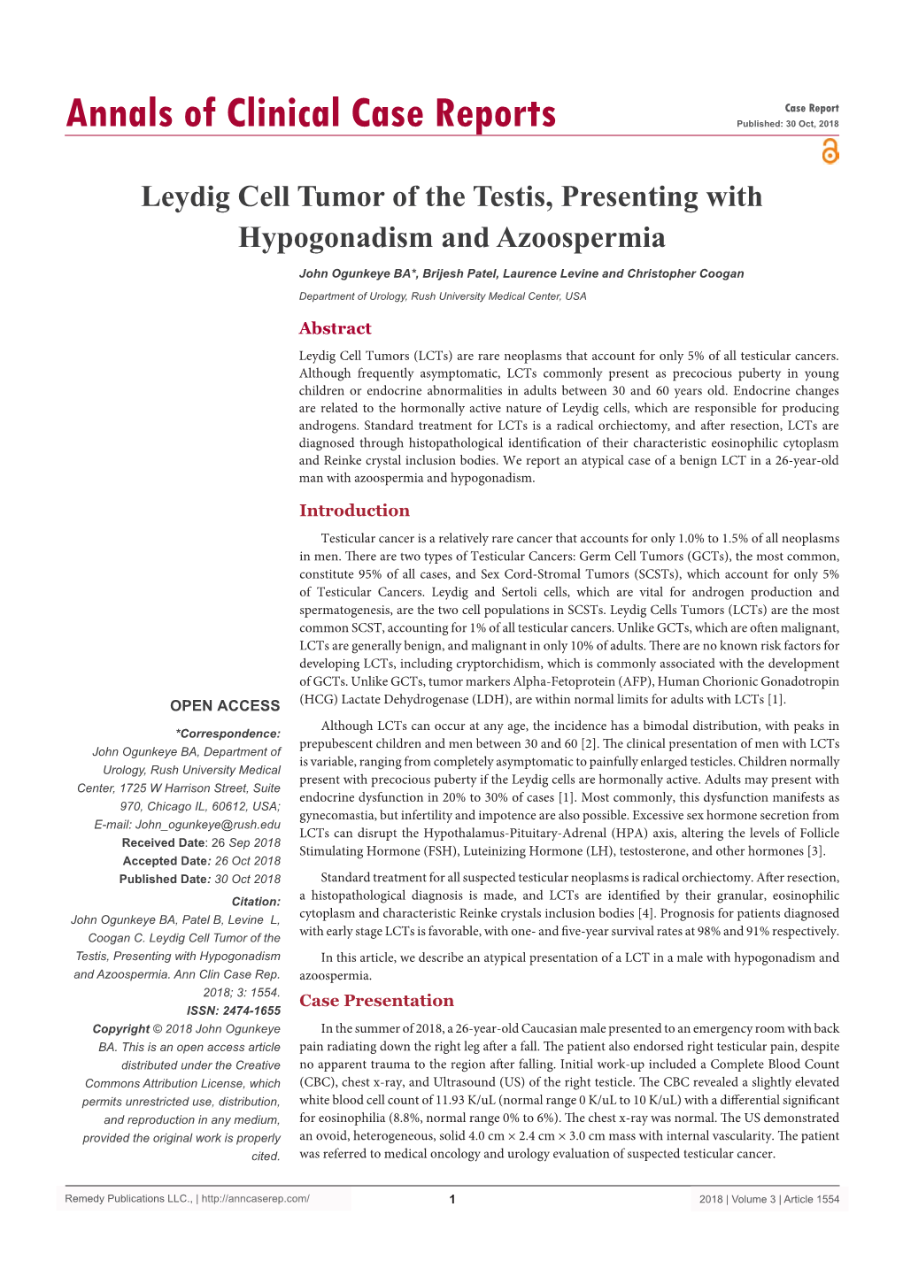 Leydig Cell Tumor of the Testis, Presenting with Hypogonadism and Azoospermia